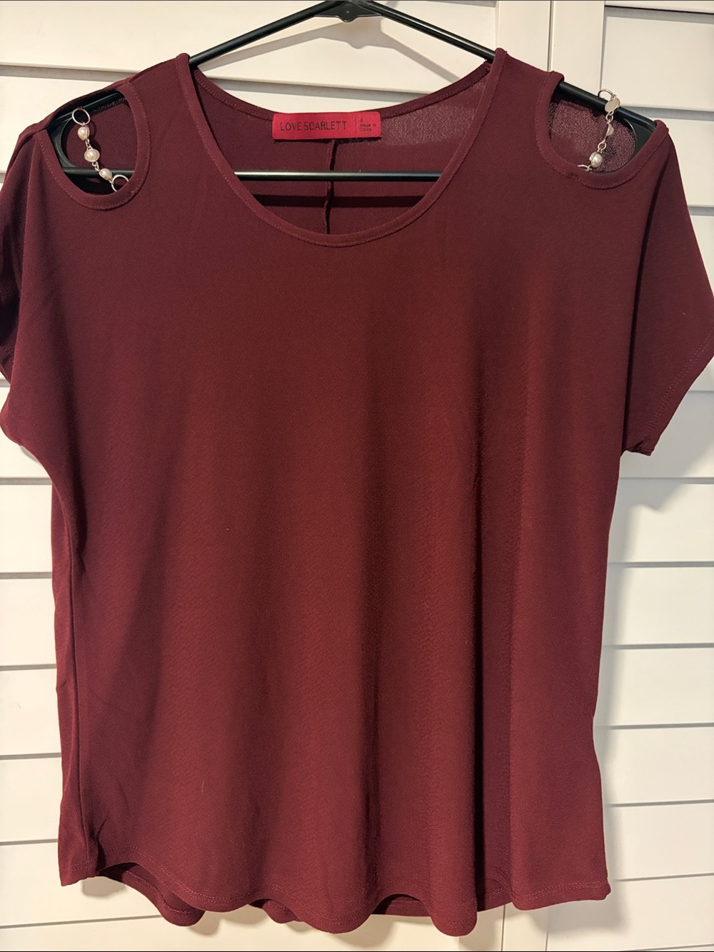 Scarlett Burgundy Cold-Shoulder Tee with Pearl Chain Accent